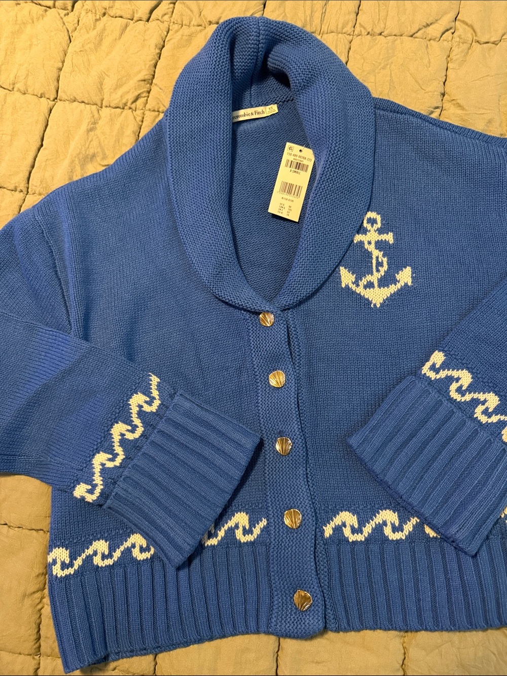 Abercrombie & Fitch Blue Nautical Anchor Shawl-Collar Cardigan XS